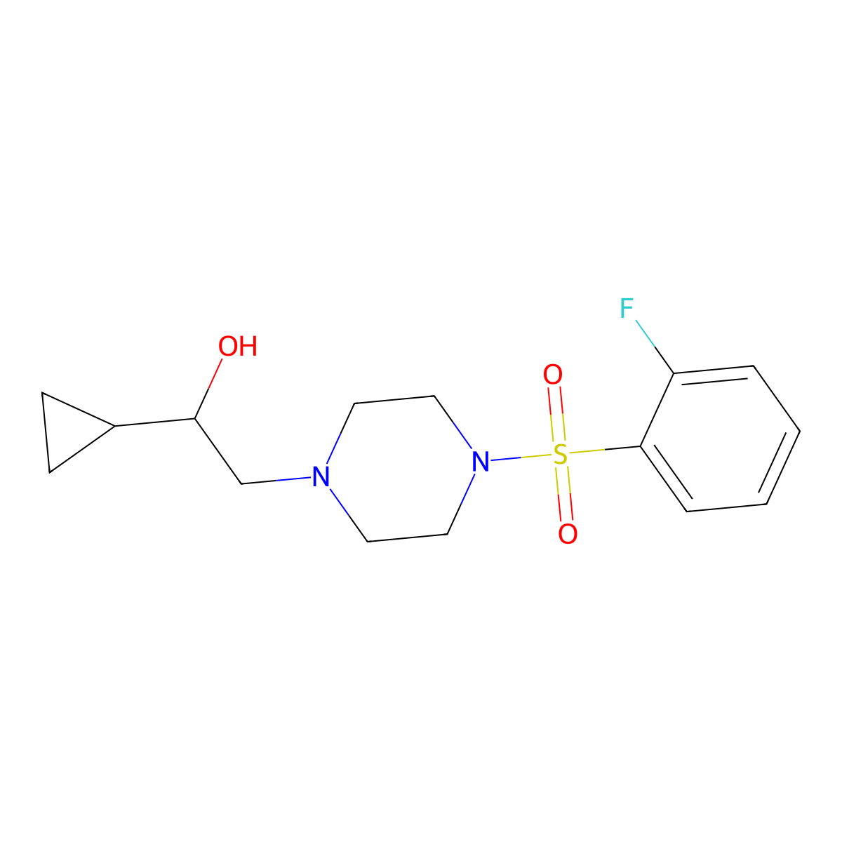 1-Cyclopropyl-2-(4-((2-fluorophenyl)sulfonyl)piperazin-1-yl)ethanol molecular structure, CAS 1396677-82-9