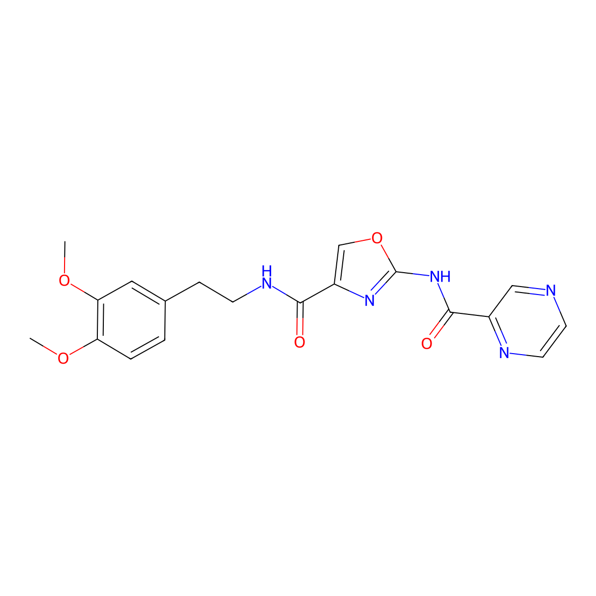 N-(3,4-dimethoxyphenethyl)-2-(pyrazine-2-carboxamido)oxazole-4-carboxamide molecular structure, CAS 1396677-87-4