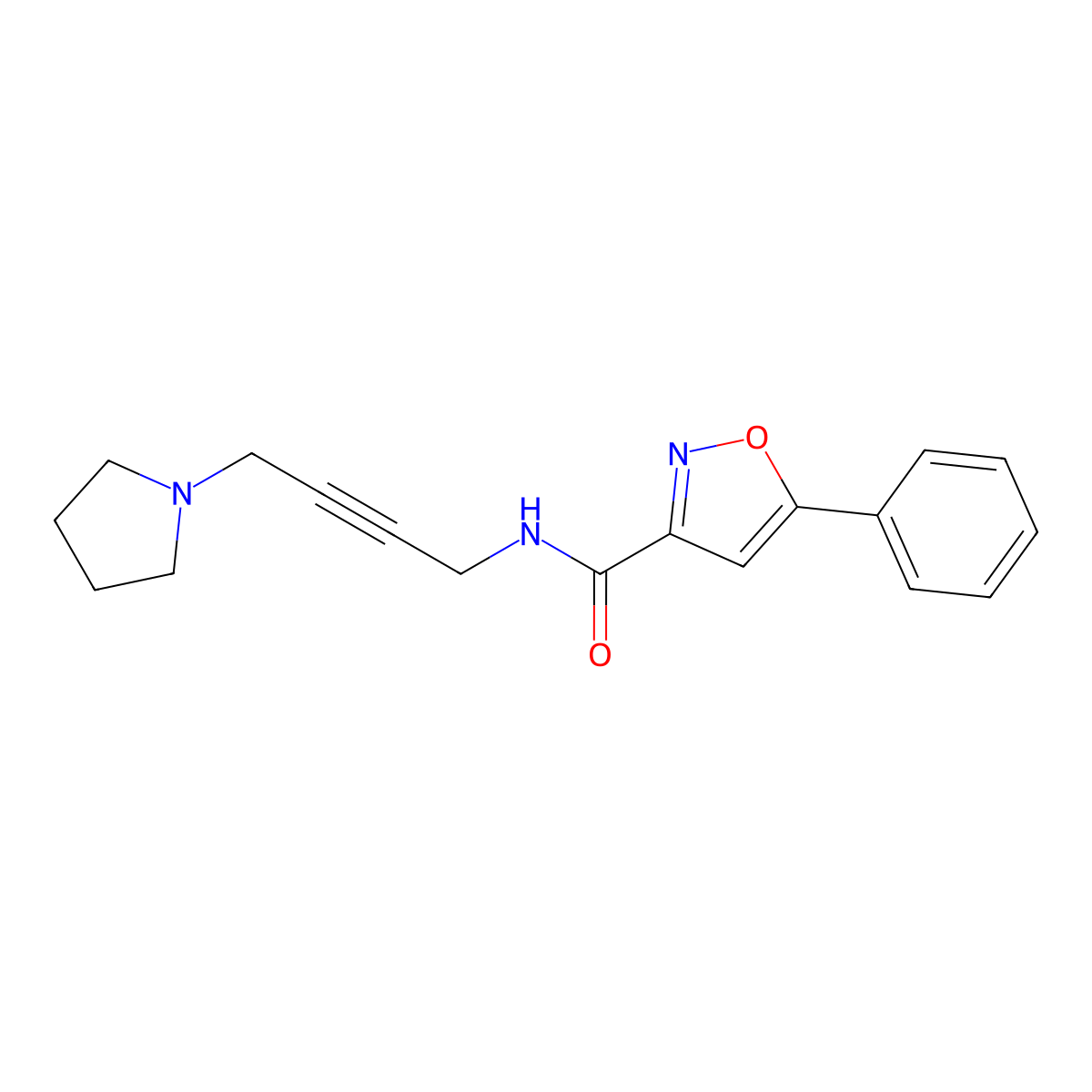 5-phenyl-N-(4-(pyrrolidin-1-yl)but-2-yn-1-yl)isoxazole-3-carboxamide molecular structure, CAS 1396677-89-6