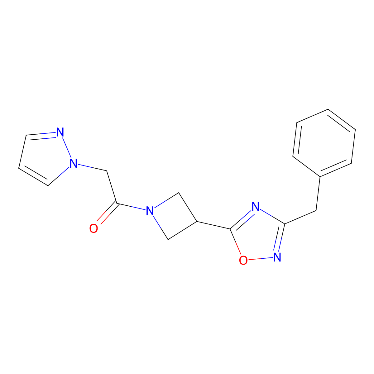 1-(3-(3-benzyl-1,2,4-oxadiazol-5-yl)azetidin-1-yl)-2-(1H-pyrazol-1-yl)ethanone molecular structure, CAS 1396678-41-3