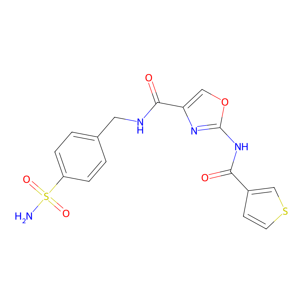 N-(4-sulfamoylbenzyl)-2-(thiophene-3-carboxamido)oxazole-4-carboxamide molecular structure, CAS 1396678-61-7