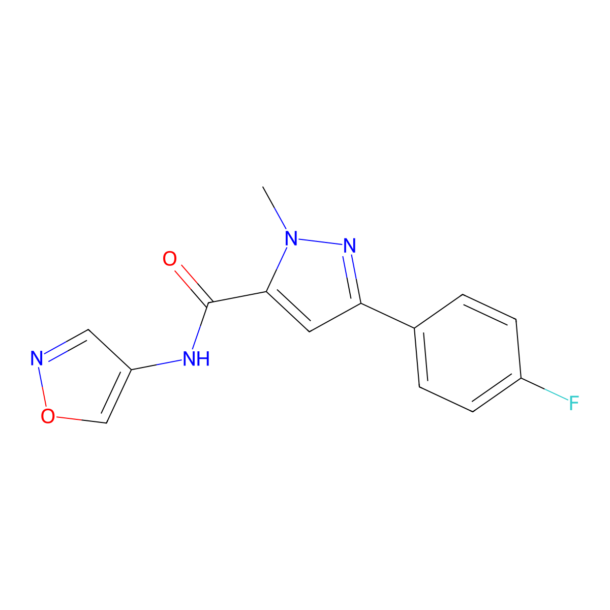 3-(4-fluorophenyl)-N-(isoxazol-4-yl)-1-methyl-1H-pyrazole-5-carboxamide molecular structure, CAS 1396678-72-0