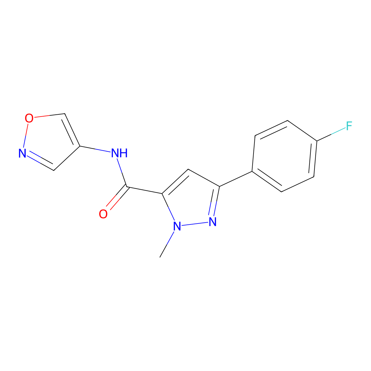 3-(4-fluorophenyl)-N-(isoxazol-4-yl)-1-methyl-1H-pyrazole-5-carboxamide molecular structure, CAS 1396678-72-0