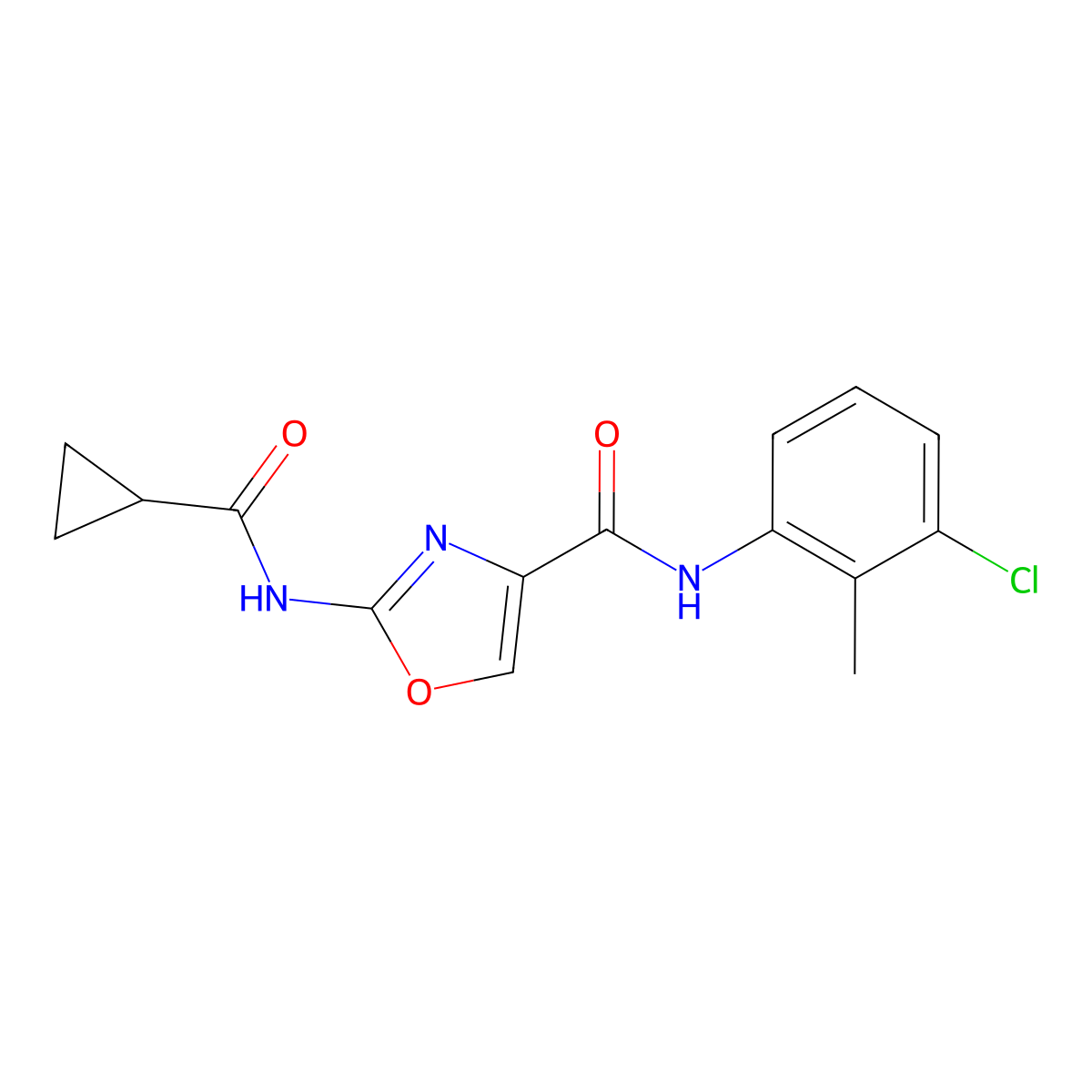 N-(3-chloro-2-methylphenyl)-2-(cyclopropanecarboxamido)oxazole-4-carboxamide molecular structure, CAS 1396678-73-1