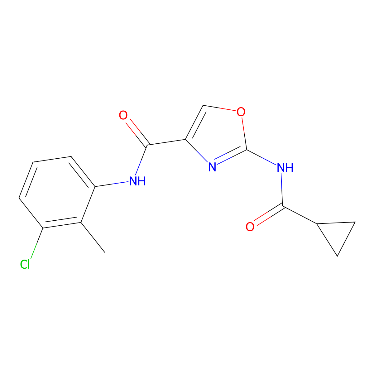 N-(3-chloro-2-methylphenyl)-2-(cyclopropanecarboxamido)oxazole-4-carboxamide molecular structure, CAS 1396678-73-1