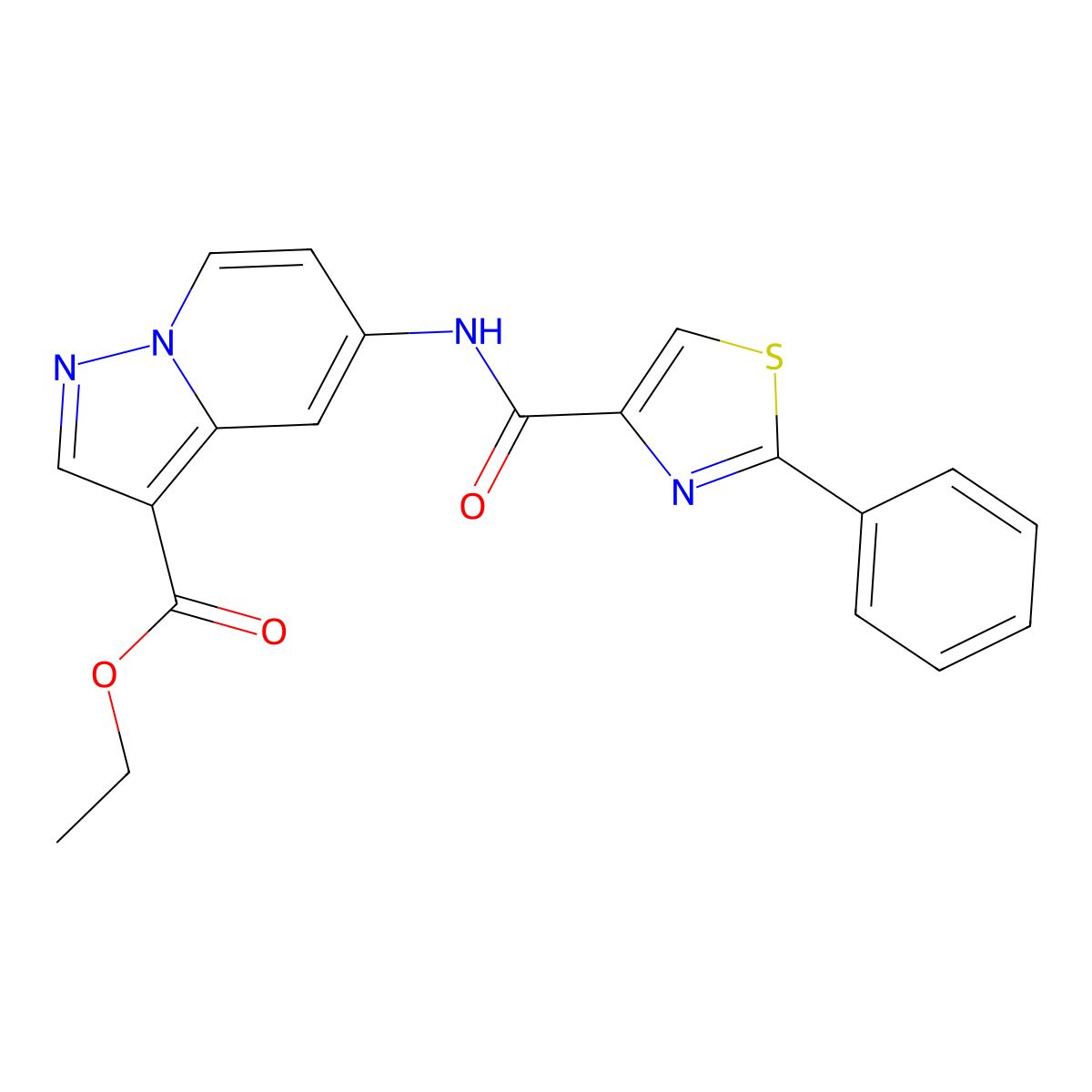Ethyl 5-(2-phenylthiazole-4-carboxamido)pyrazolo[1,5-a]pyridine-3-carboxylate molecular structure, CAS 1396678-86-6
