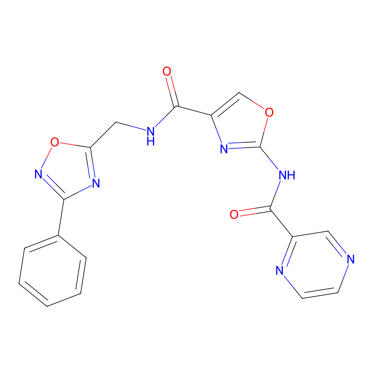 N-((3-phenyl-1,2,4-oxadiazol-5-yl)methyl)-2-(pyrazine-2-carboxamido)oxazole-4-carboxamide molecular structure, CAS 1396678-95-7