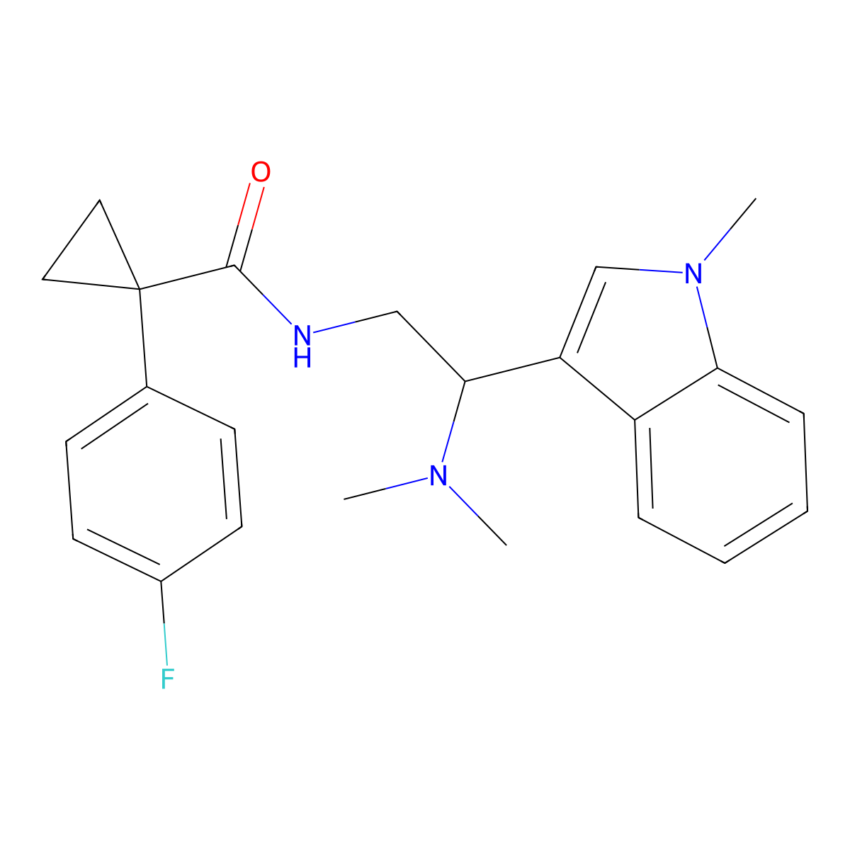 N-(2-(dimethylamino)-2-(1-methyl-1H-indol-3-yl)ethyl)-1-(4-fluorophenyl)cyclopropanecarboxamide molecular structure, CAS 1396679-36-9
