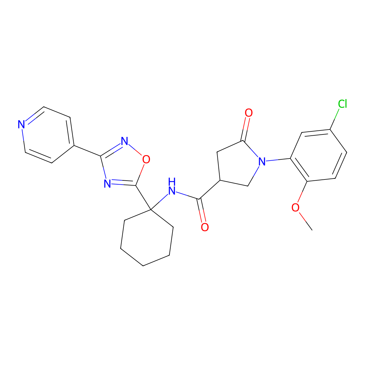 1-(5-chloro-2-methoxyphenyl)-5-oxo-N-[1-(3-pyridin-4-yl-1,2,4-oxadiazol-5-yl)cyclohexyl]pyrrolidine-3-carboxamide molecular structure, CAS 1396679-43-8