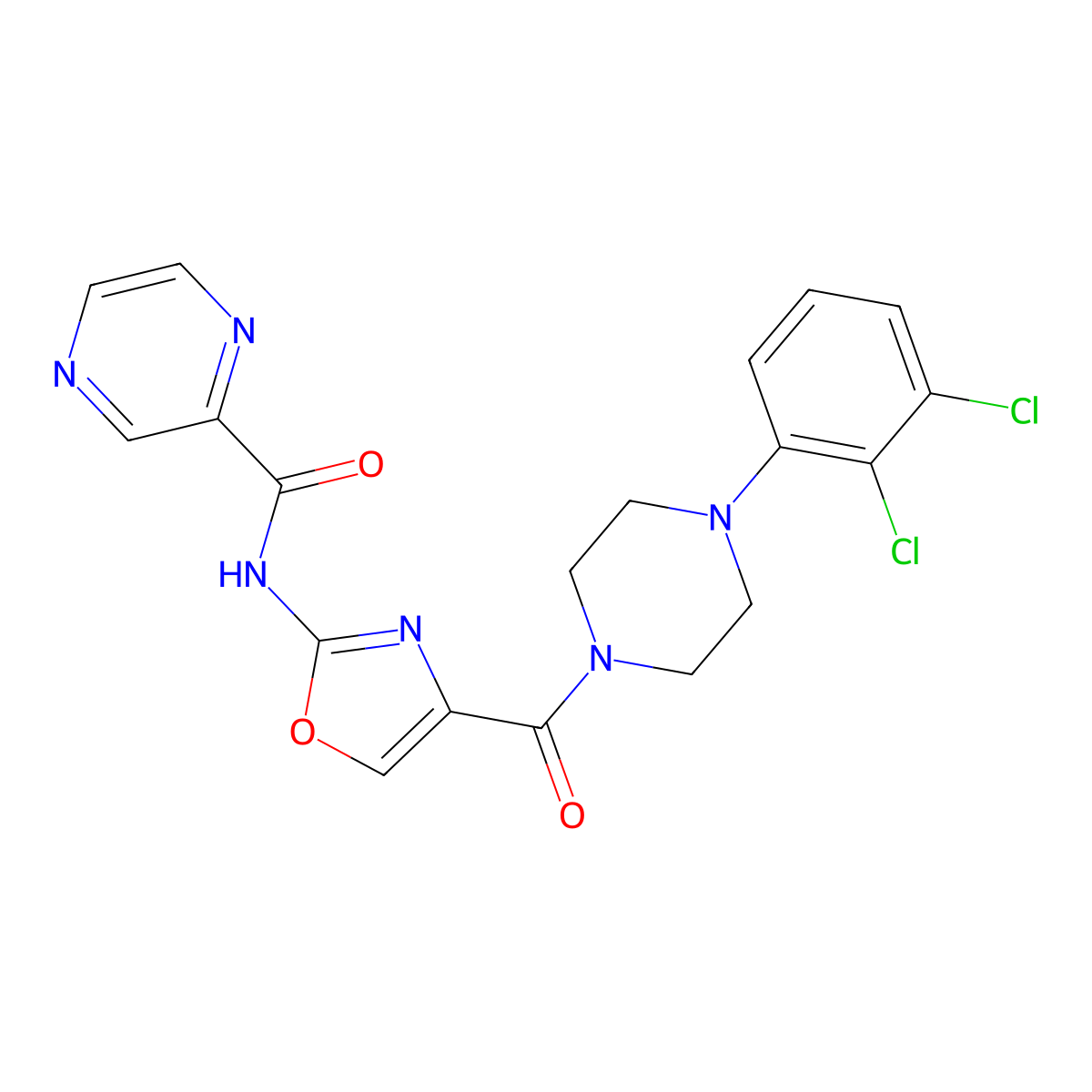 N-{4-[4-(2,3-dichlorophenyl)piperazine-1-carbonyl]-1,3-oxazol-2-yl}pyrazine-2-carboxamide molecular structure, CAS 1396679-58-5