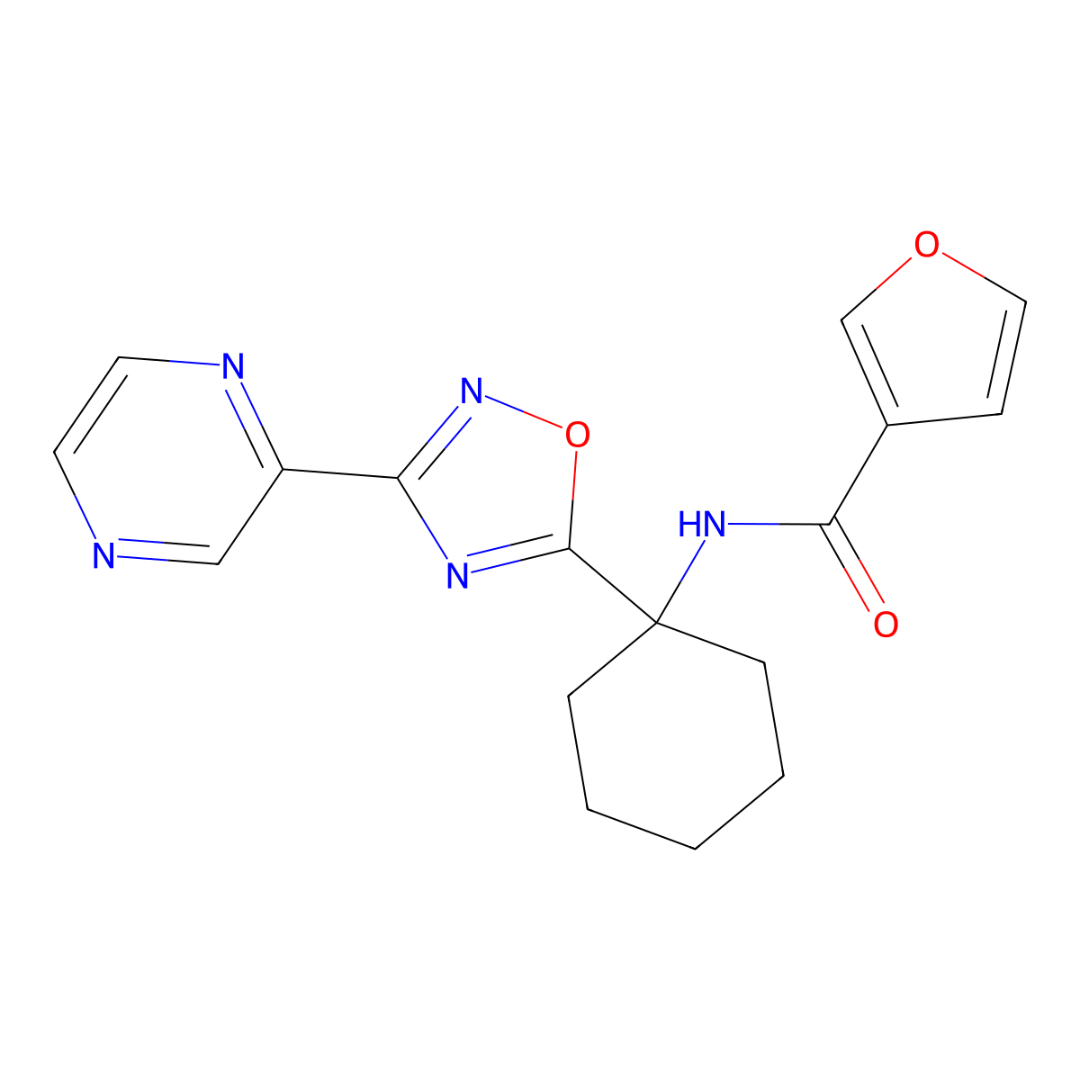 N-(1-(3-(pyrazin-2-yl)-1,2,4-oxadiazol-5-yl)cyclohexyl)furan-3-carboxamide molecular structure, CAS 1396679-67-6