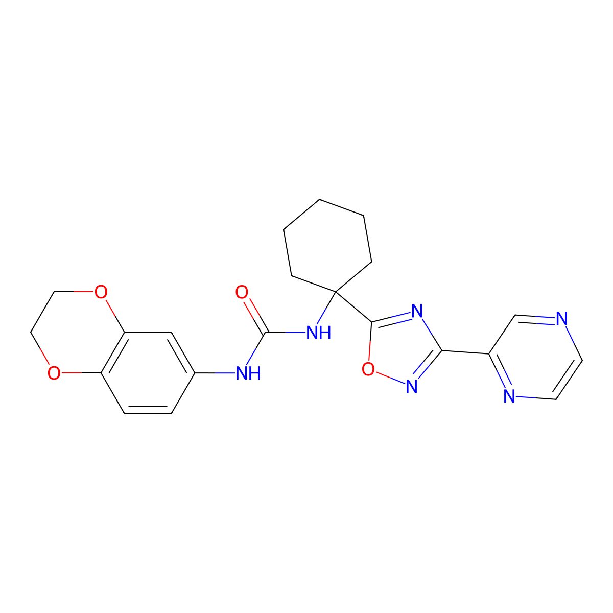 1-(2,3-Dihydro-1,4-benzodioxin-6-yl)-3-{1-[3-(pyrazin-2-yl)-1,2,4-oxadiazol-5-yl]cyclohexyl}urea molecular structure, CAS 1396679-82-5