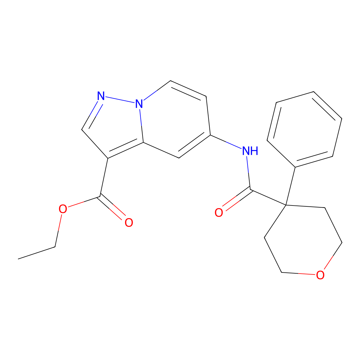 ethyl 5-(4-phenyltetrahydro-2H-pyran-4-carboxamido)pyrazolo[1,5-a]pyridine-3-carboxylate molecular structure, CAS 1396679-87-0