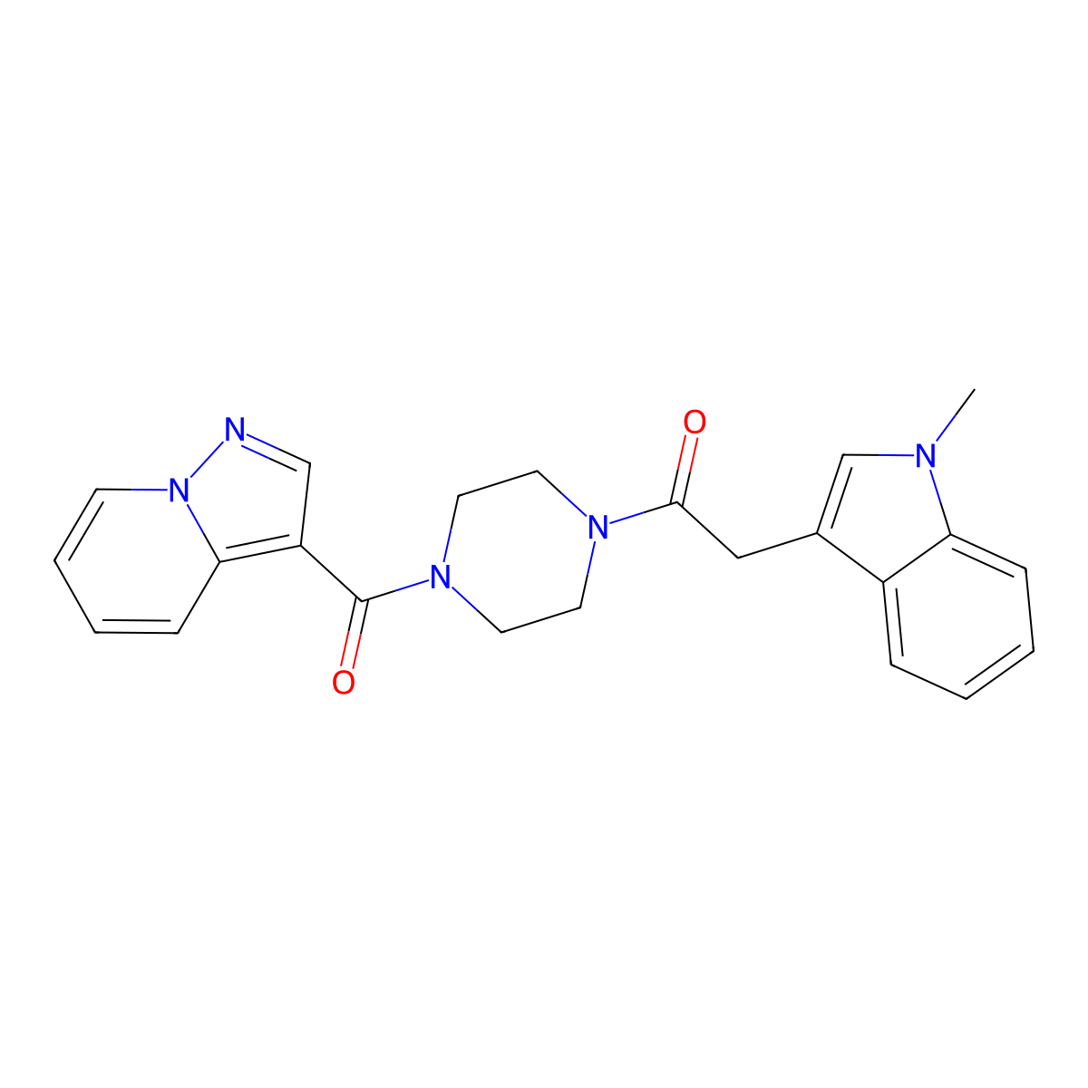 2-(1-methyl-1H-indol-3-yl)-1-(4-(pyrazolo[1,5-a]pyridine-3-carbonyl)piperazin-1-yl)ethanone molecular structure, CAS 1396680-08-2