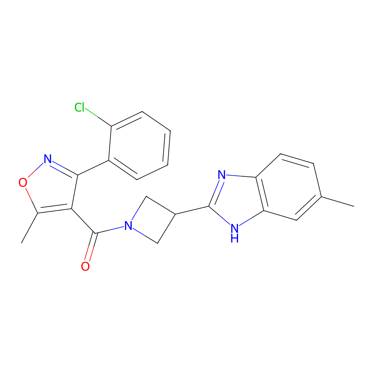 (3-(2-chlorophenyl)-5-methylisoxazol-4-yl)(3-(5-methyl-1H-benzo[d]imidazol-2-yl)azetidin-1-yl)methanone molecular structure, CAS 1396680-10-6