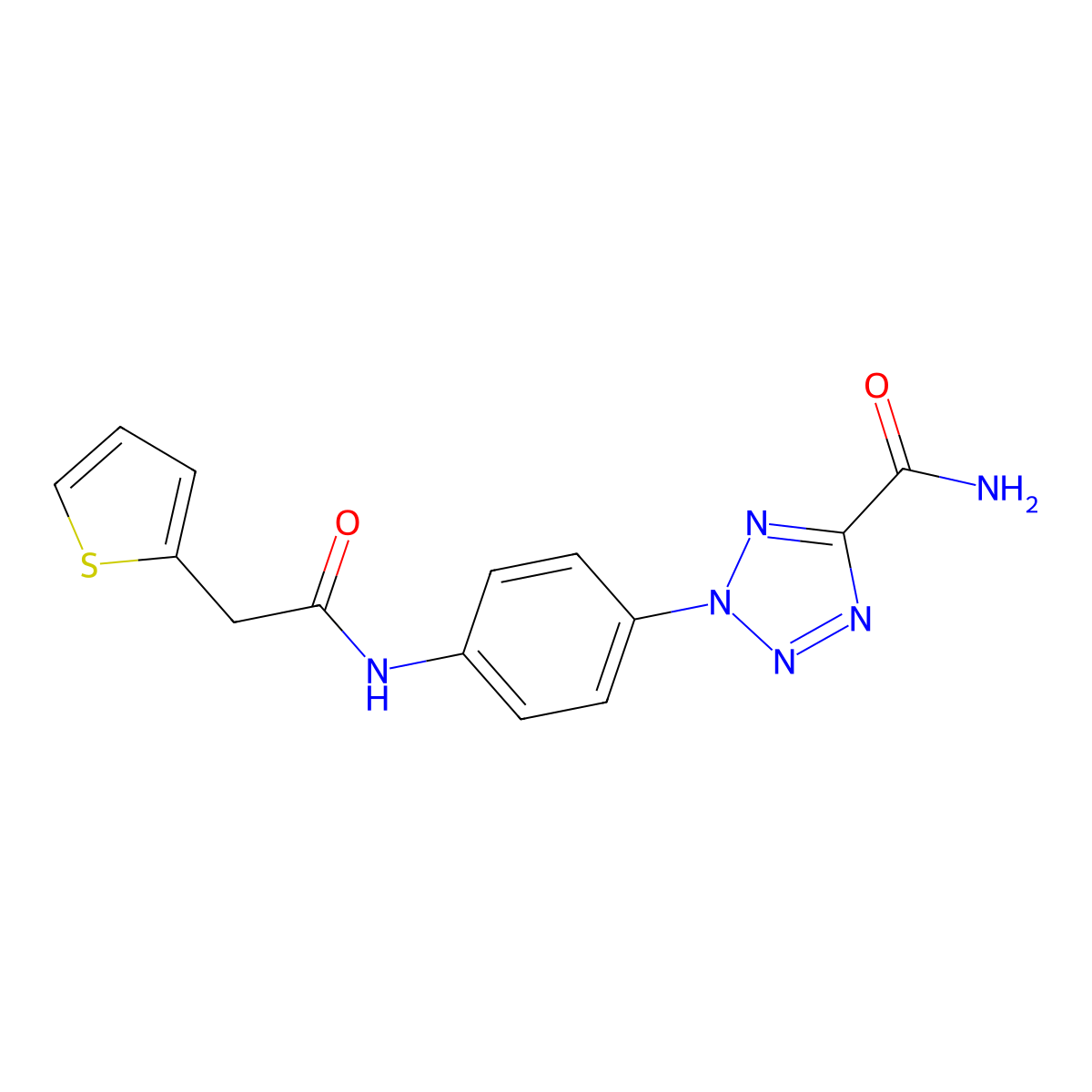 2-(4-(2-(thiophen-2-yl)acetamido)phenyl)-2H-tetrazole-5-carboxamide molecular structure, CAS 1396680-24-2