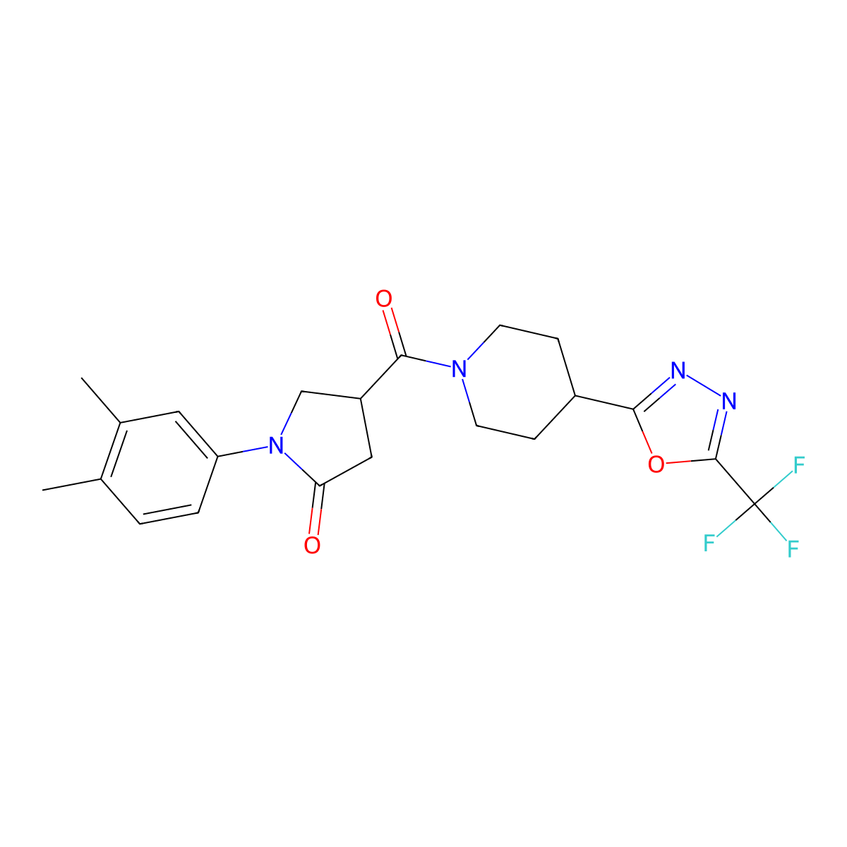 1-(3,4-Dimethylphenyl)-4-(4-(5-(trifluoromethyl)-1,3,4-oxadiazol-2-yl)piperidine-1-carbonyl)pyrrolidin-2-one molecular structure, CAS 1396680-25-3