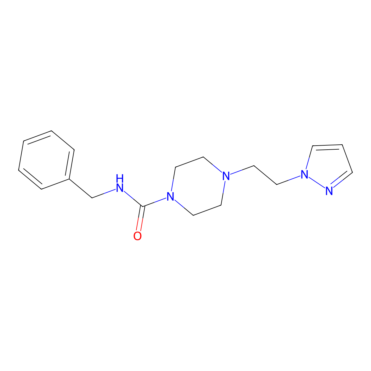 4-(2-(1H-pyrazol-1-yl)ethyl)-N-benzylpiperazine-1-carboxamide molecular structure, CAS 1396680-31-1