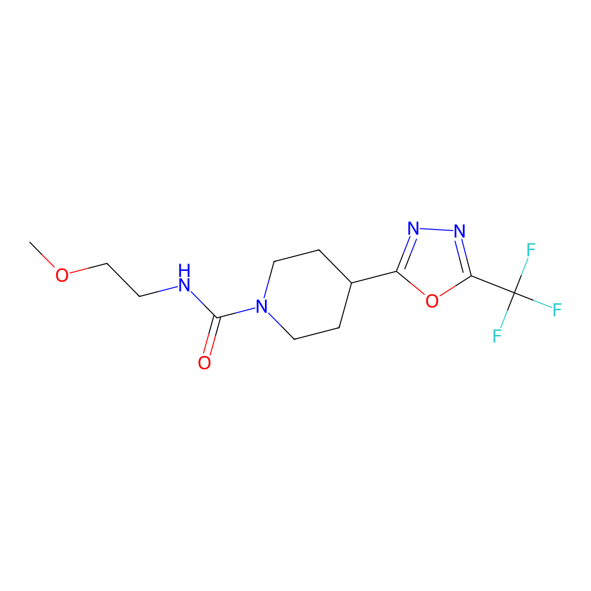 N-(2-methoxyethyl)-4-[5-(trifluoromethyl)-1,3,4-oxadiazol-2-yl]piperidine-1-carboxamide molecular structure, CAS 1396680-36-6