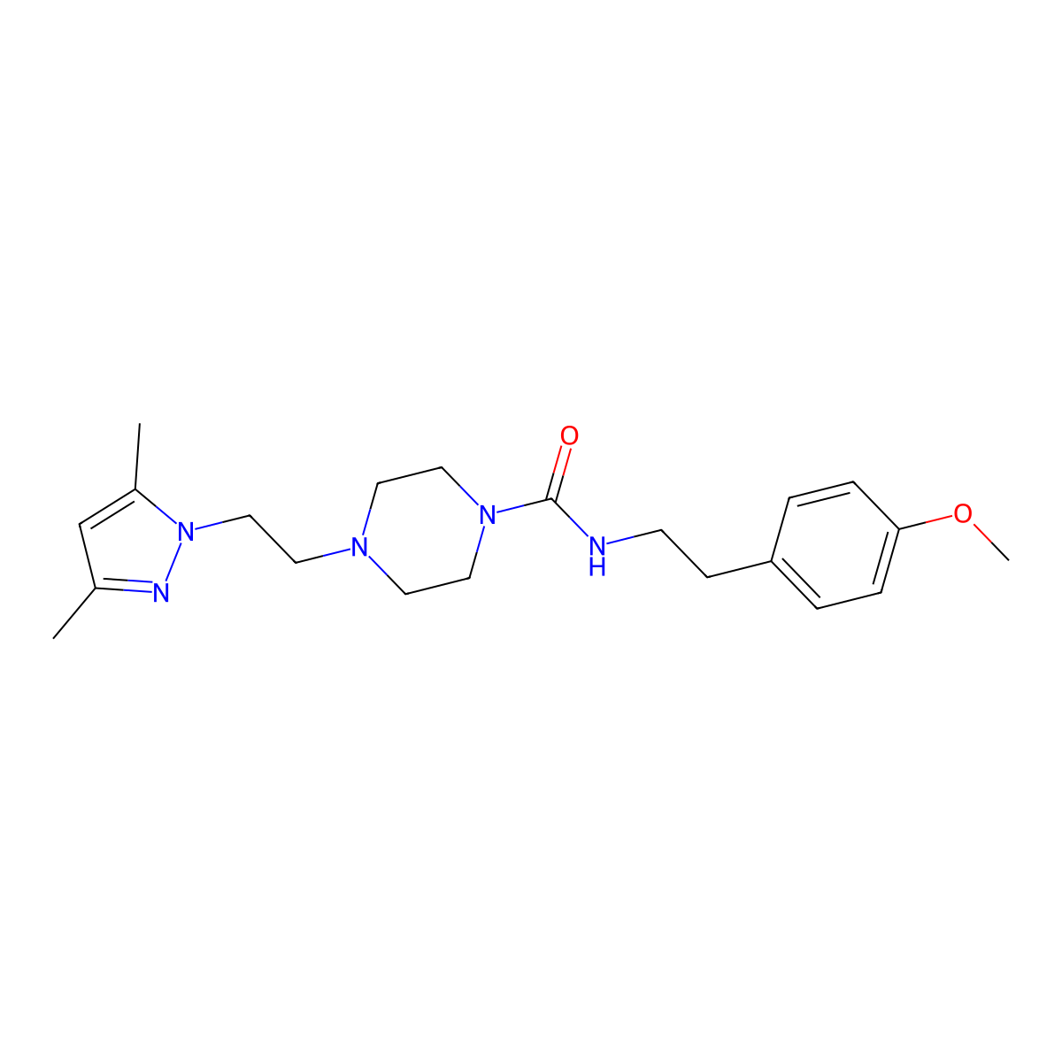 4-(2-(3,5-dimethyl-1H-pyrazol-1-yl)ethyl)-N-(4-methoxyphenethyl)piperazine-1-carboxamide molecular structure, CAS 1396680-39-9