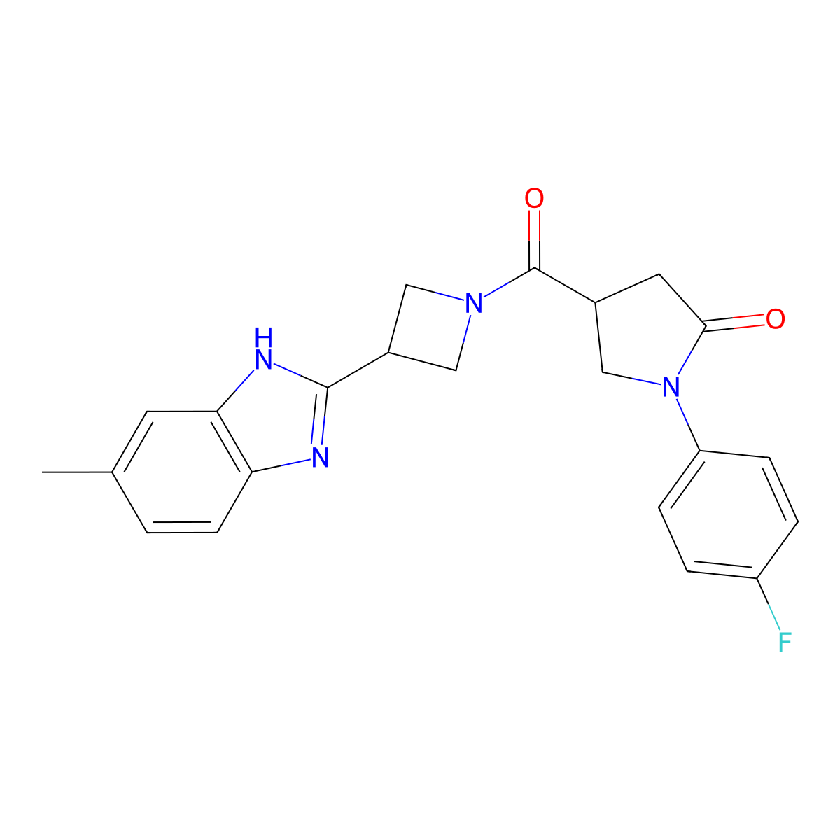 1-(4-fluorophenyl)-4-(3-(5-methyl-1H-benzo[d]imidazol-2-yl)azetidine-1-carbonyl)pyrrolidin-2-one molecular structure, CAS 1396680-40-2
