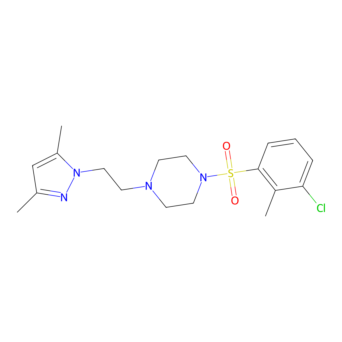 1-((3-chloro-2-methylphenyl)sulfonyl)-4-(2-(3,5-dimethyl-1H-pyrazol-1-yl)ethyl)piperazine molecular structure, CAS 1396680-48-0