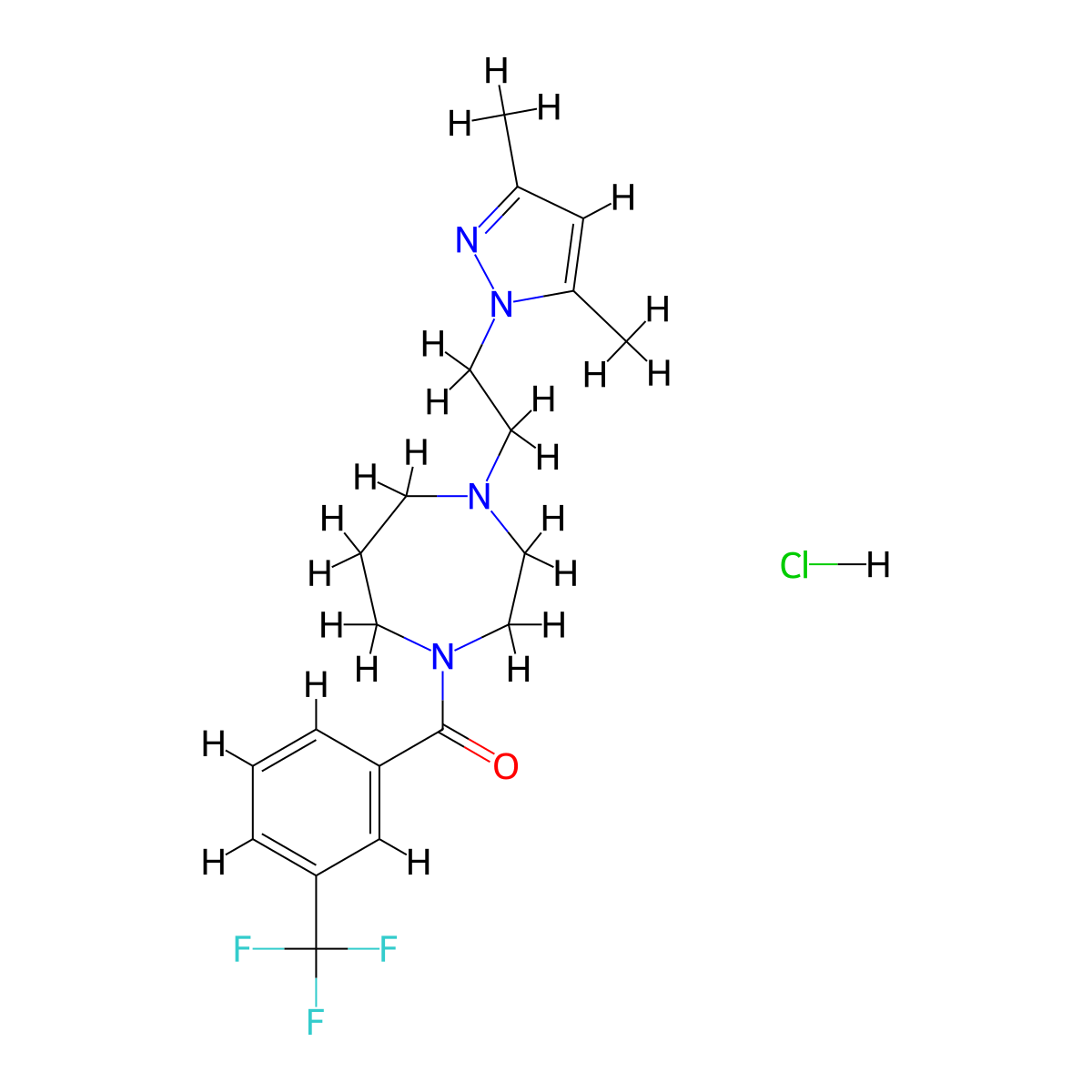 (4-(2-(3,5-dimethyl-1H-pyrazol-1-yl)ethyl)-1,4-diazepan-1-yl)(3-(trifluoromethyl)phenyl)methanone hydrochloride molecular structure, CAS 1396680-50-4