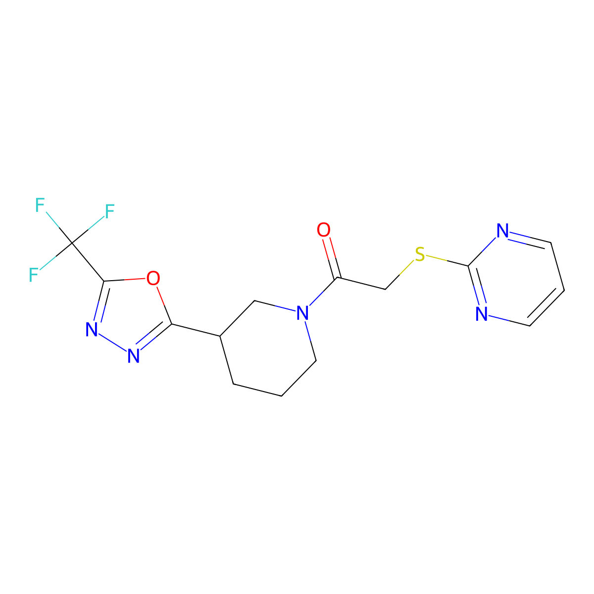 2-(Pyrimidin-2-ylthio)-1-(3-(5-(trifluoromethyl)-1,3,4-oxadiazol-2-yl)piperidin-1-yl)ethanone molecular structure, CAS 1396680-59-3