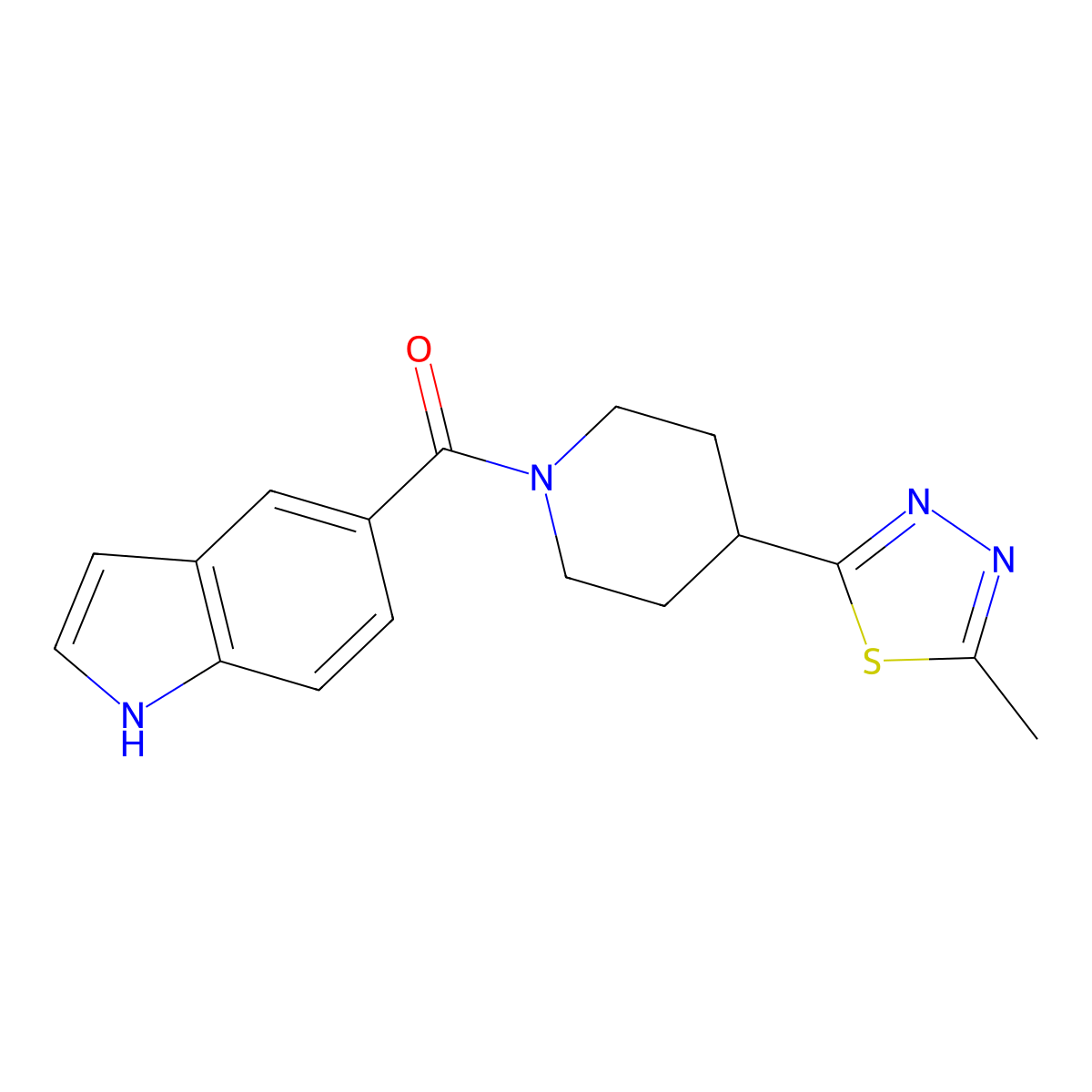 (1H-indol-5-yl)(4-(5-methyl-1,3,4-thiadiazol-2-yl)piperidin-1-yl)methanone molecular structure, CAS 1396680-66-2