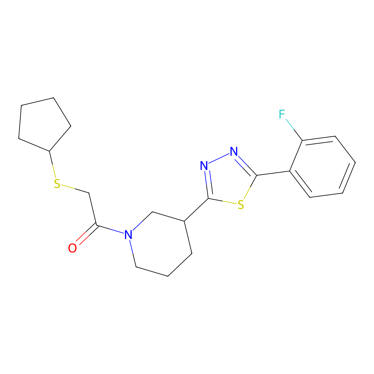 2-(Cyclopentylthio)-1-(3-(5-(2-fluorophenyl)-1,3,4-thiadiazol-2-yl)piperidin-1-yl)ethanone molecular structure, CAS 1396680-72-0