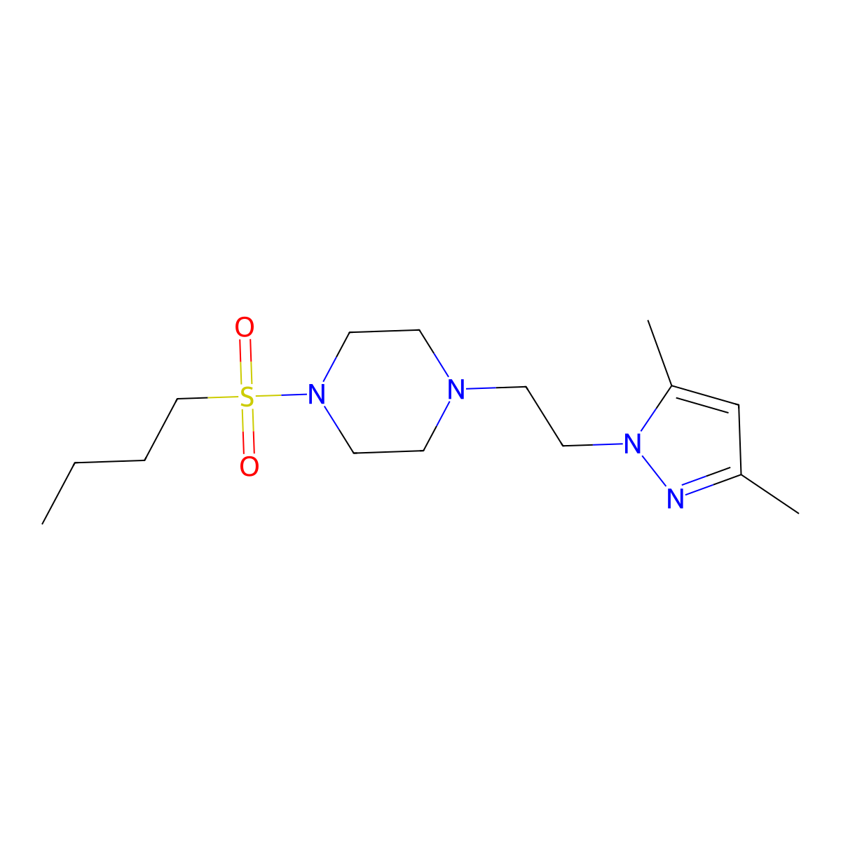 1-(butylsulfonyl)-4-(2-(3,5-dimethyl-1H-pyrazol-1-yl)ethyl)piperazine molecular structure, CAS 1396680-79-7