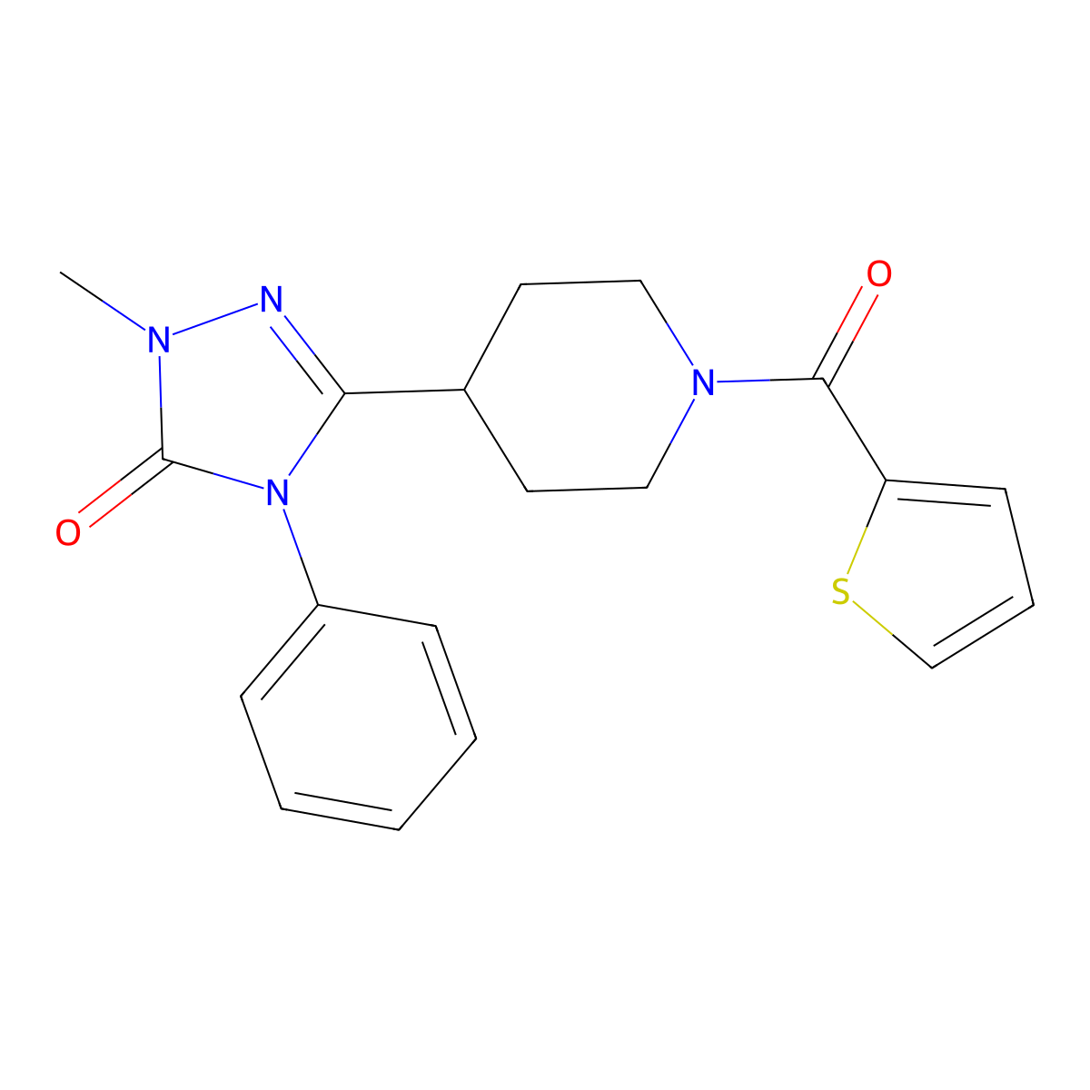 1-methyl-4-phenyl-3-(1-(thiophene-2-carbonyl)piperidin-4-yl)-1H-1,2,4-triazol-5(4H)-one molecular structure, CAS 1396680-84-4