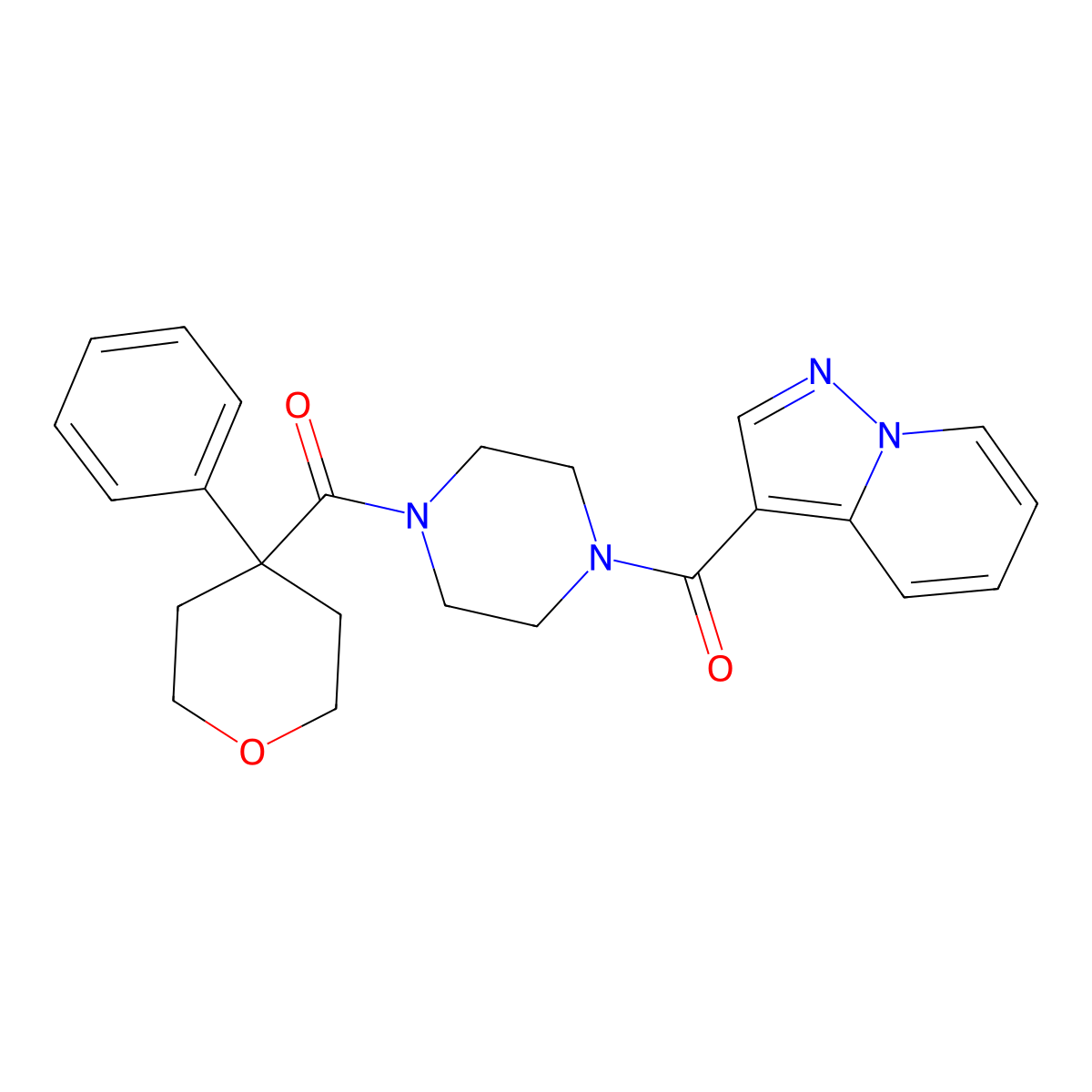 (4-(4-phenyltetrahydro-2H-pyran-4-carbonyl)piperazin-1-yl)(pyrazolo[1,5-a]pyridin-3-yl)methanone molecular structure, CAS 1396680-85-5