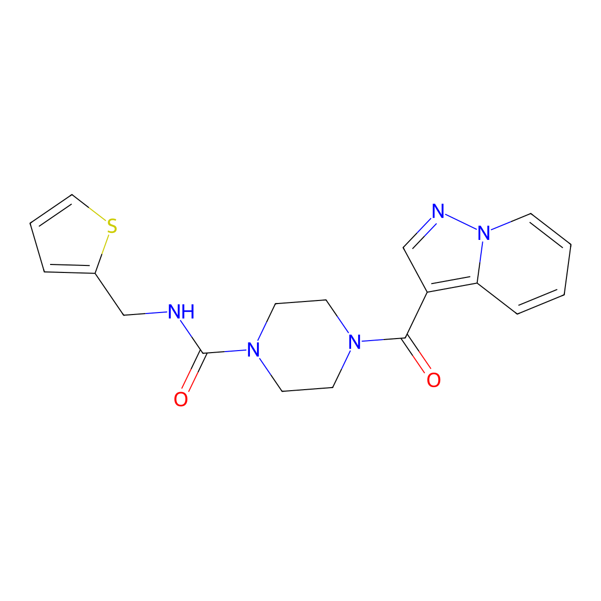4-(pyrazolo[1,5-a]pyridine-3-carbonyl)-N-(thiophen-2-ylmethyl)piperazine-1-carboxamide molecular structure, CAS 1396680-93-5