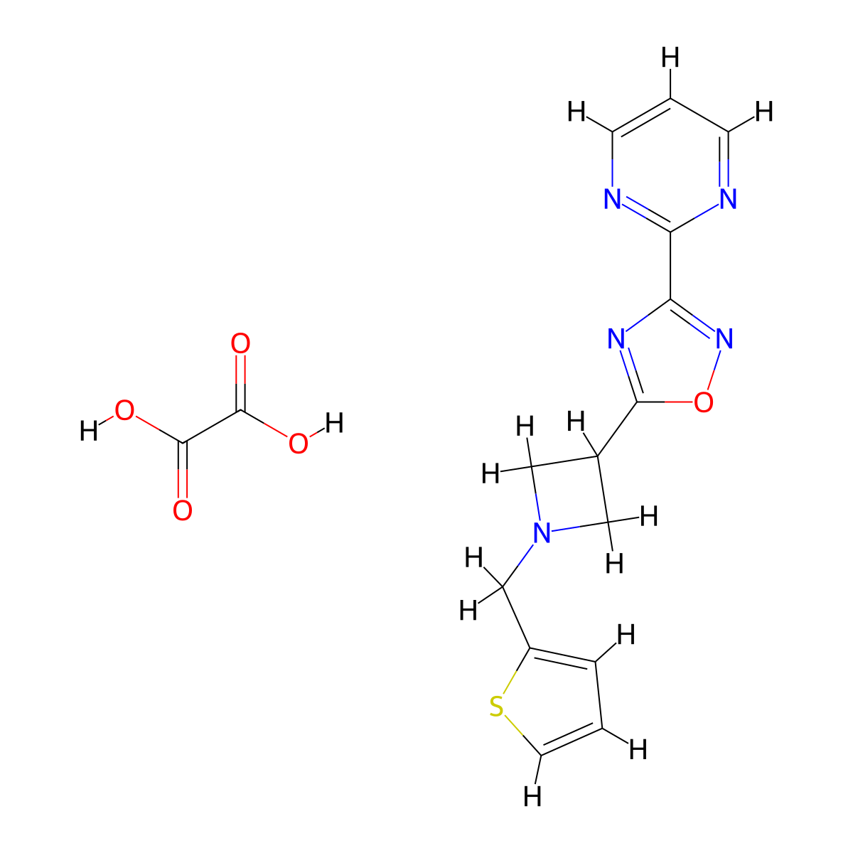 3-(Pyrimidin-2-yl)-5-(1-(thiophen-2-ylmethyl)azetidin-3-yl)-1,2,4-oxadiazole oxalate molecular structure, CAS 1396680-94-6