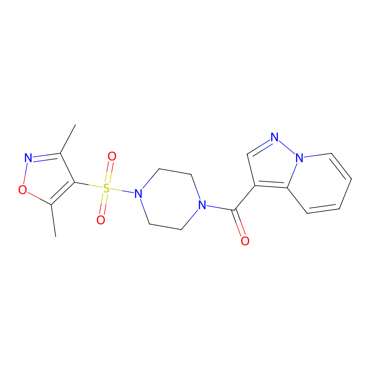 (4-((3,5-Dimethylisoxazol-4-yl)sulfonyl)piperazin-1-yl)(pyrazolo[1,5-a]pyridin-3-yl)methanone molecular structure, CAS 1396681-10-9