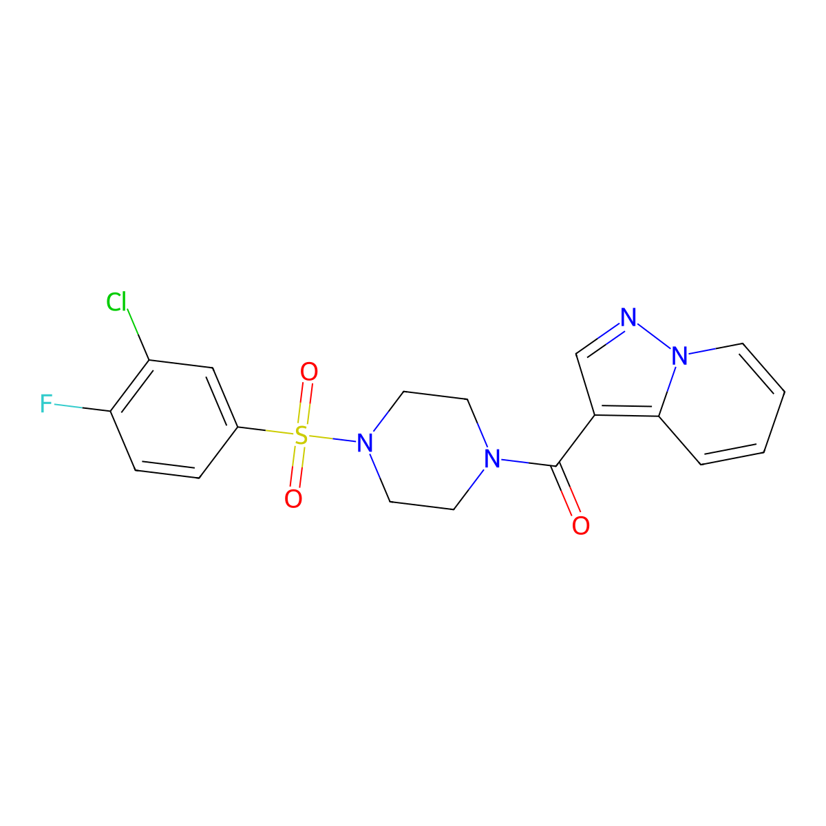 1-(3-Chloro-4-fluorobenzenesulfonyl)-4-{pyrazolo[1,5-a]pyridine-3-carbonyl}piperazine molecular structure, CAS 1396682-36-2