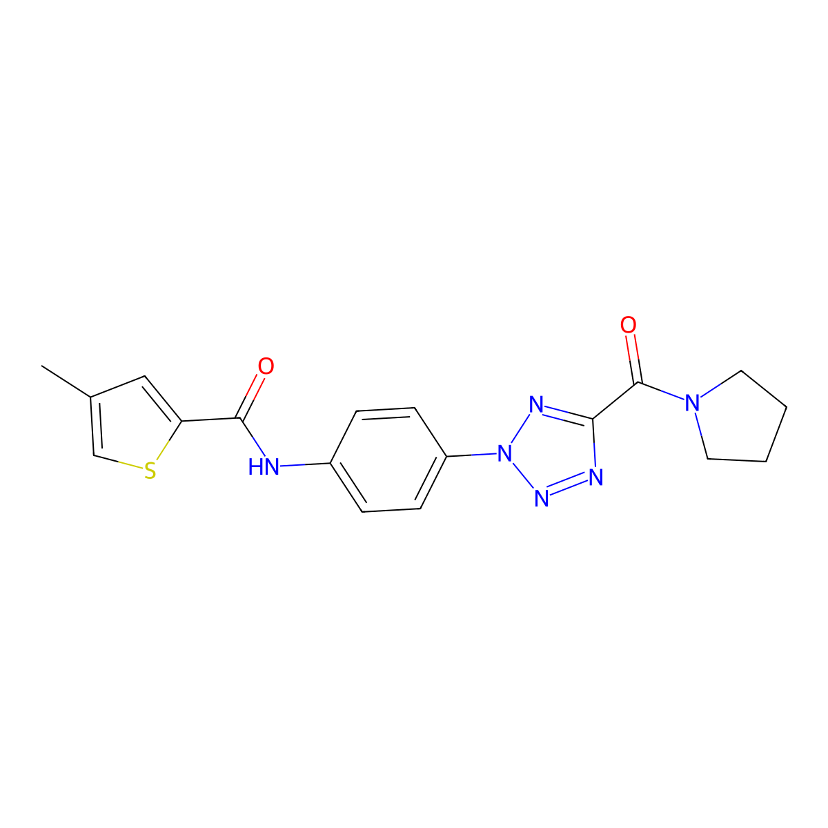 4-methyl-N-(4-(5-(pyrrolidine-1-carbonyl)-2H-tetrazol-2-yl)phenyl)thiophene-2-carboxamide molecular structure, CAS 1396682-37-3