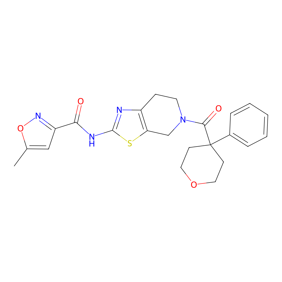 5-methyl-N-(5-(4-phenyltetrahydro-2H-pyran-4-carbonyl)-4,5,6,7-tetrahydrothiazolo[5,4-c]pyridin-2-yl)isoxazole-3-carboxamide molecular structure, CAS 1396682-40-8