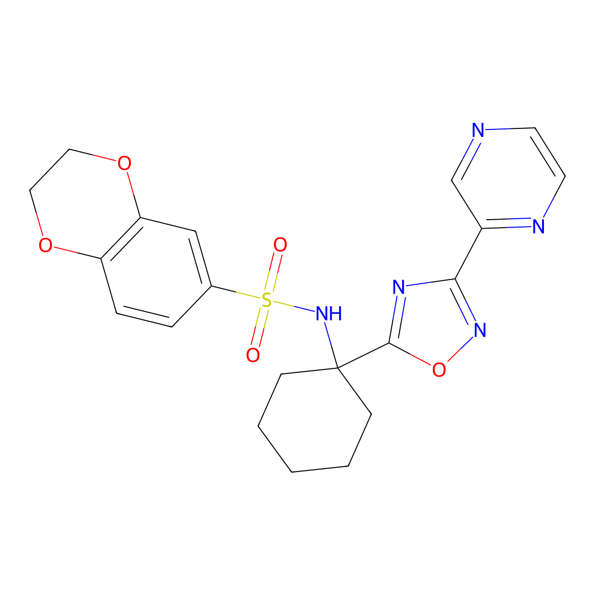 N-(1-(3-(pyrazin-2-yl)-1,2,4-oxadiazol-5-yl)cyclohexyl)-2,3-dihydrobenzo[b][1,4]dioxine-6-sulfonamide molecular structure, CAS 1396682-41-9