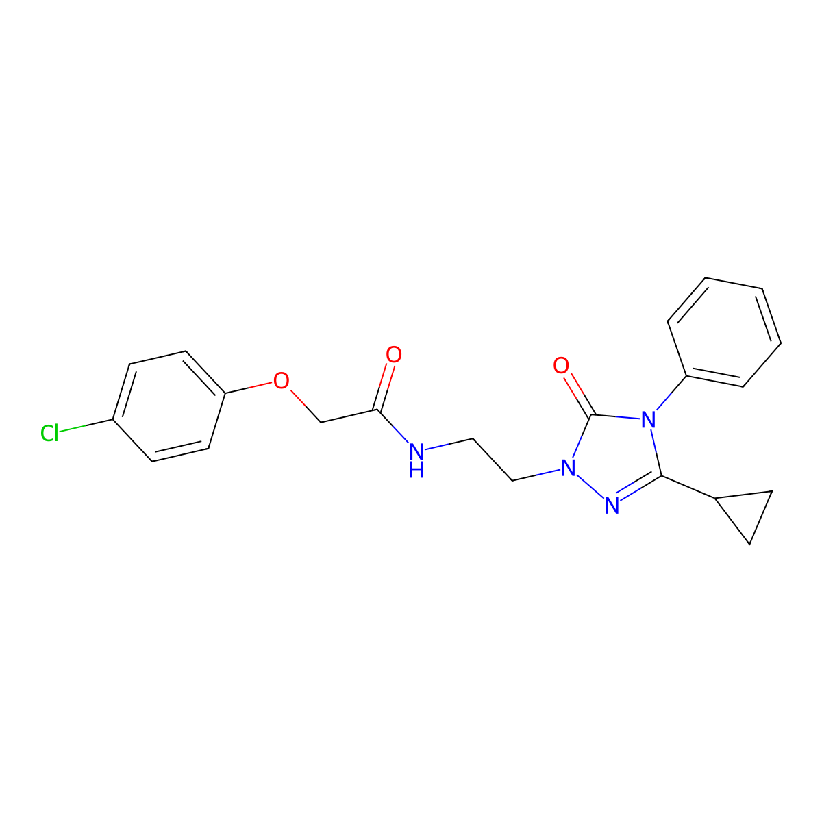 2-(4-chlorophenoxy)-N-(2-(3-cyclopropyl-5-oxo-4-phenyl-4,5-dihydro-1H-1,2,4-triazol-1-yl)ethyl)acetamide molecular structure, CAS 1396682-59-9