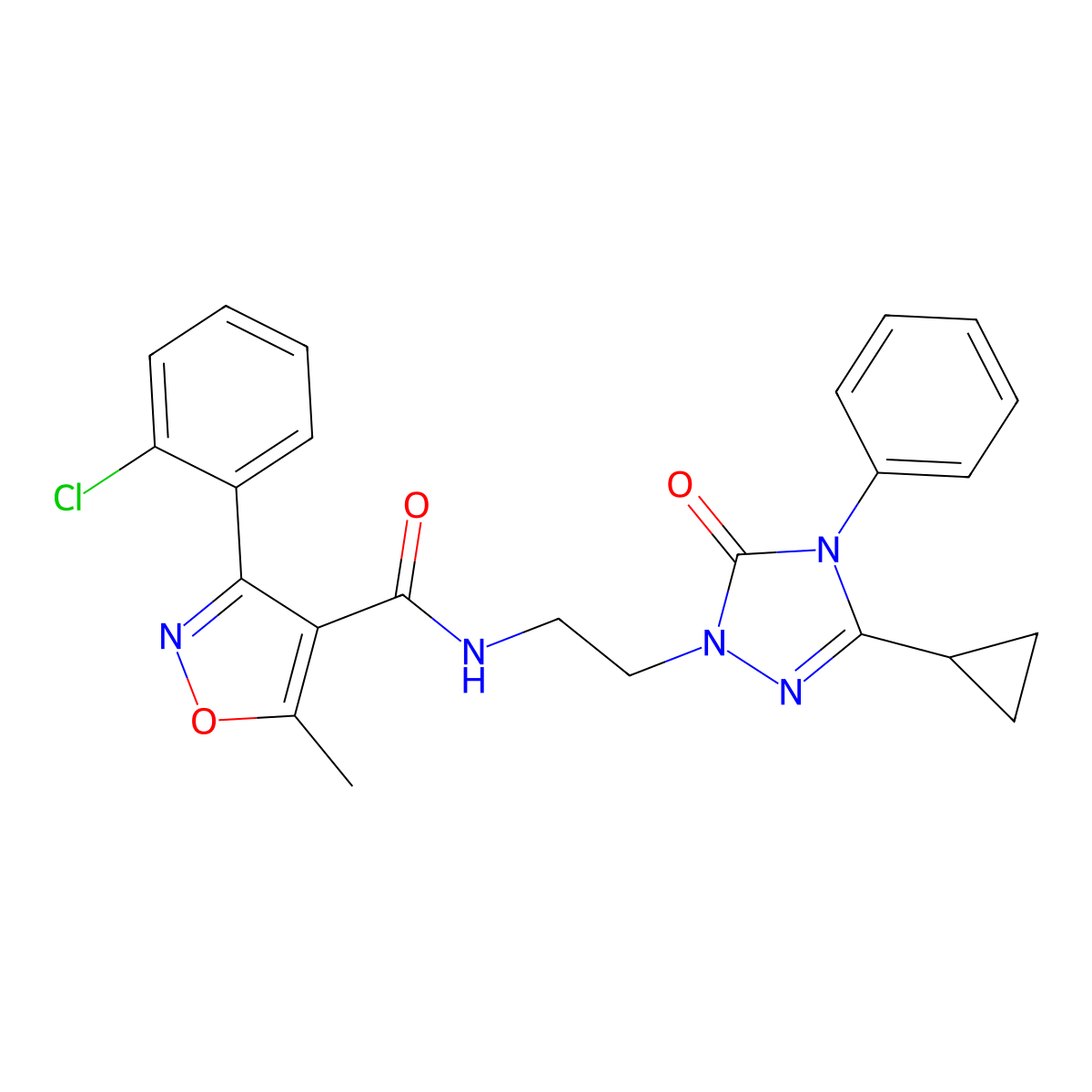 3-(2-chlorophenyl)-N-(2-(3-cyclopropyl-5-oxo-4-phenyl-4,5-dihydro-1H-1,2,4-triazol-1-yl)ethyl)-5-methylisoxazole-4-carboxamide molecular structure, CAS 1396682-69-1