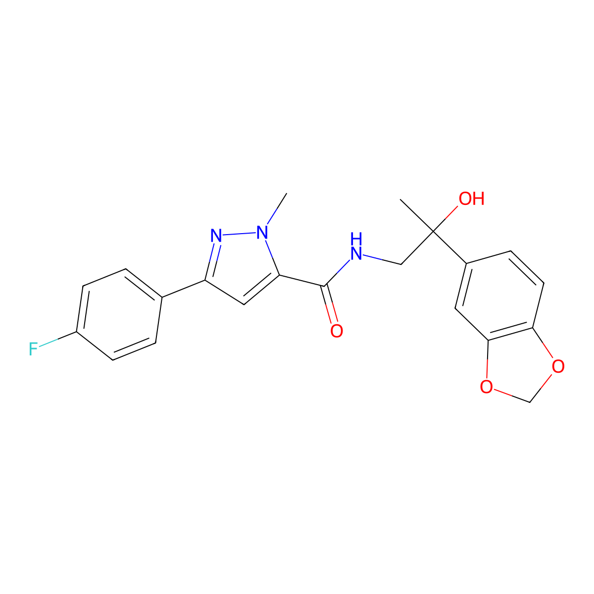 N-(2-(benzo[d][1,3]dioxol-5-yl)-2-hydroxypropyl)-3-(4-fluorophenyl)-1-methyl-1H-pyrazole-5-carboxamide molecular structure, CAS 1396682-75-9