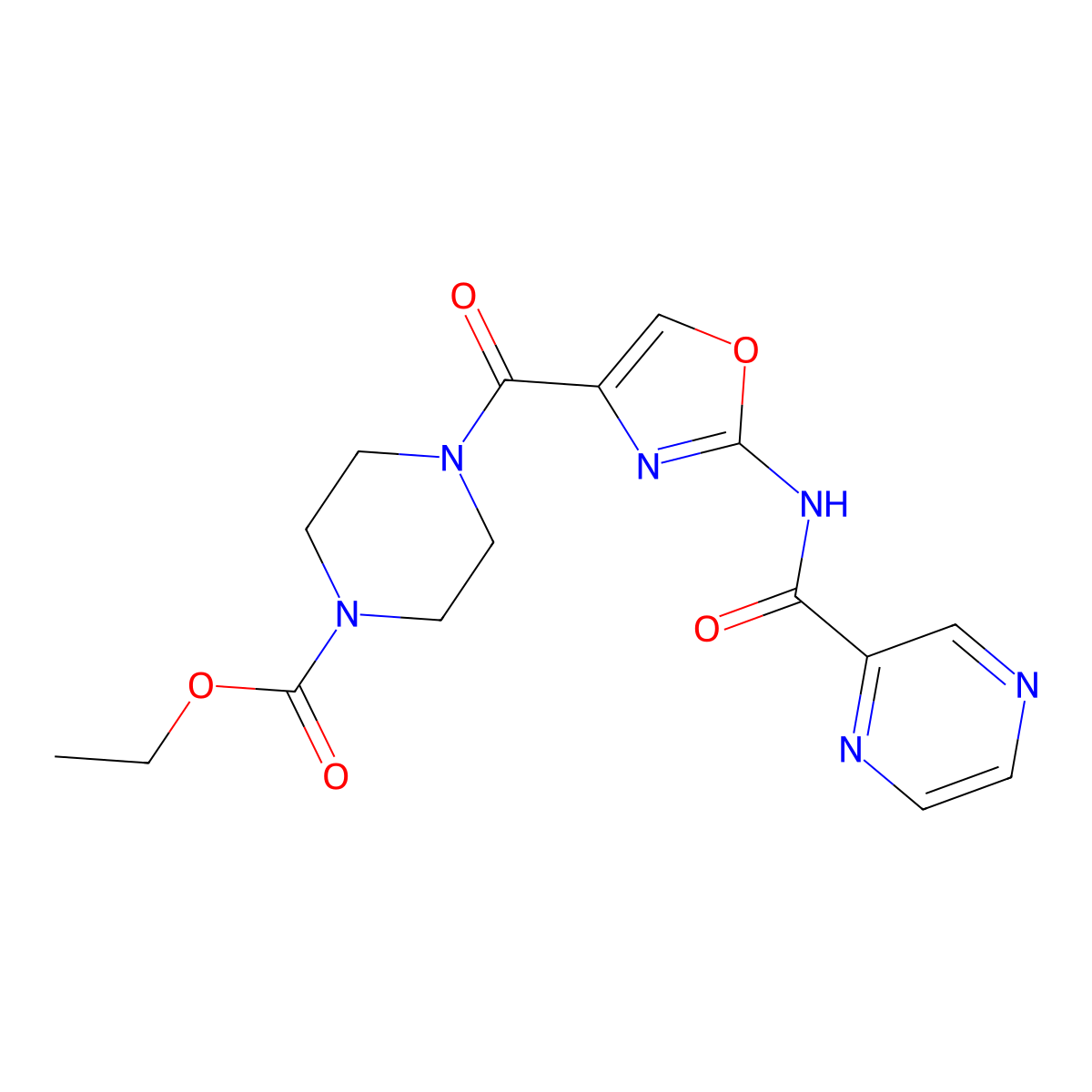 Ethyl 4-(2-(pyrazine-2-carboxamido)oxazole-4-carbonyl)piperazine-1-carboxylate molecular structure, CAS 1396682-78-2