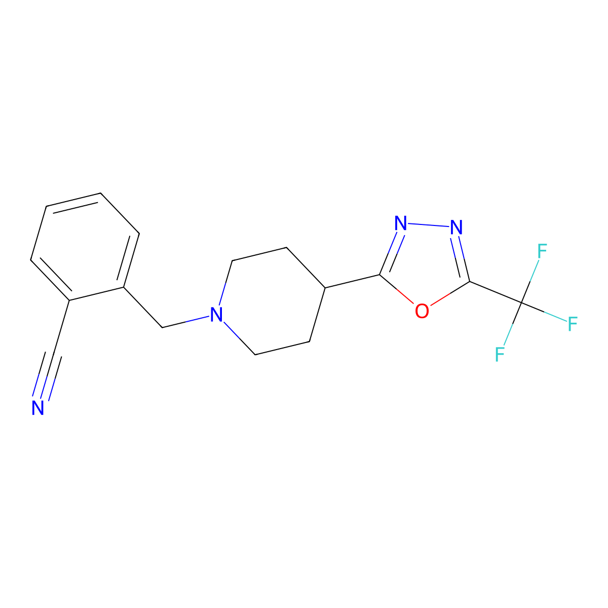 2-((4-(5-(Trifluoromethyl)-1,3,4-oxadiazol-2-yl)piperidin-1-yl)methyl)benzonitrile molecular structure, CAS 1396682-81-7