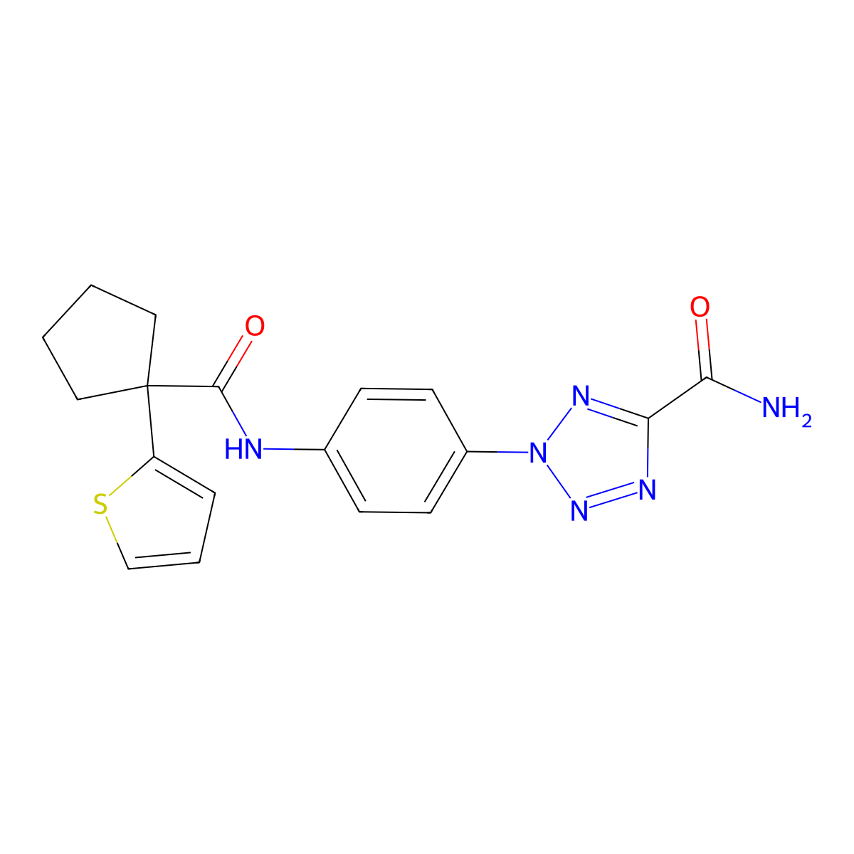 2-(4-(1-(thiophen-2-yl)cyclopentanecarboxamido)phenyl)-2H-tetrazole-5-carboxamide molecular structure, CAS 1396682-91-9