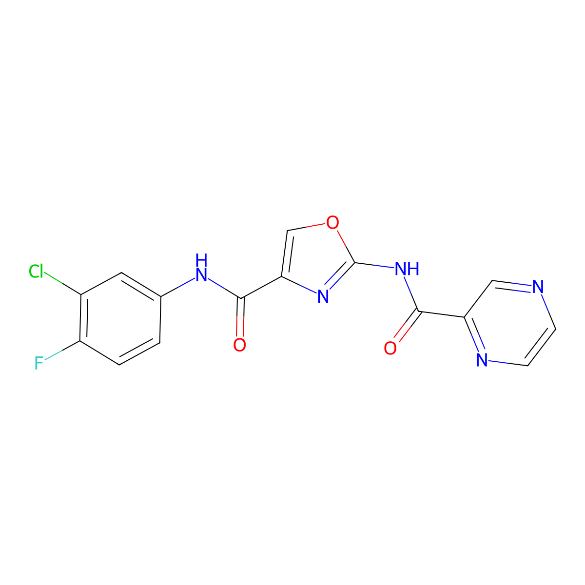 N-(3-chloro-4-fluorophenyl)-2-(pyrazine-2-carboxamido)oxazole-4-carboxamide molecular structure, CAS 1396682-94-2