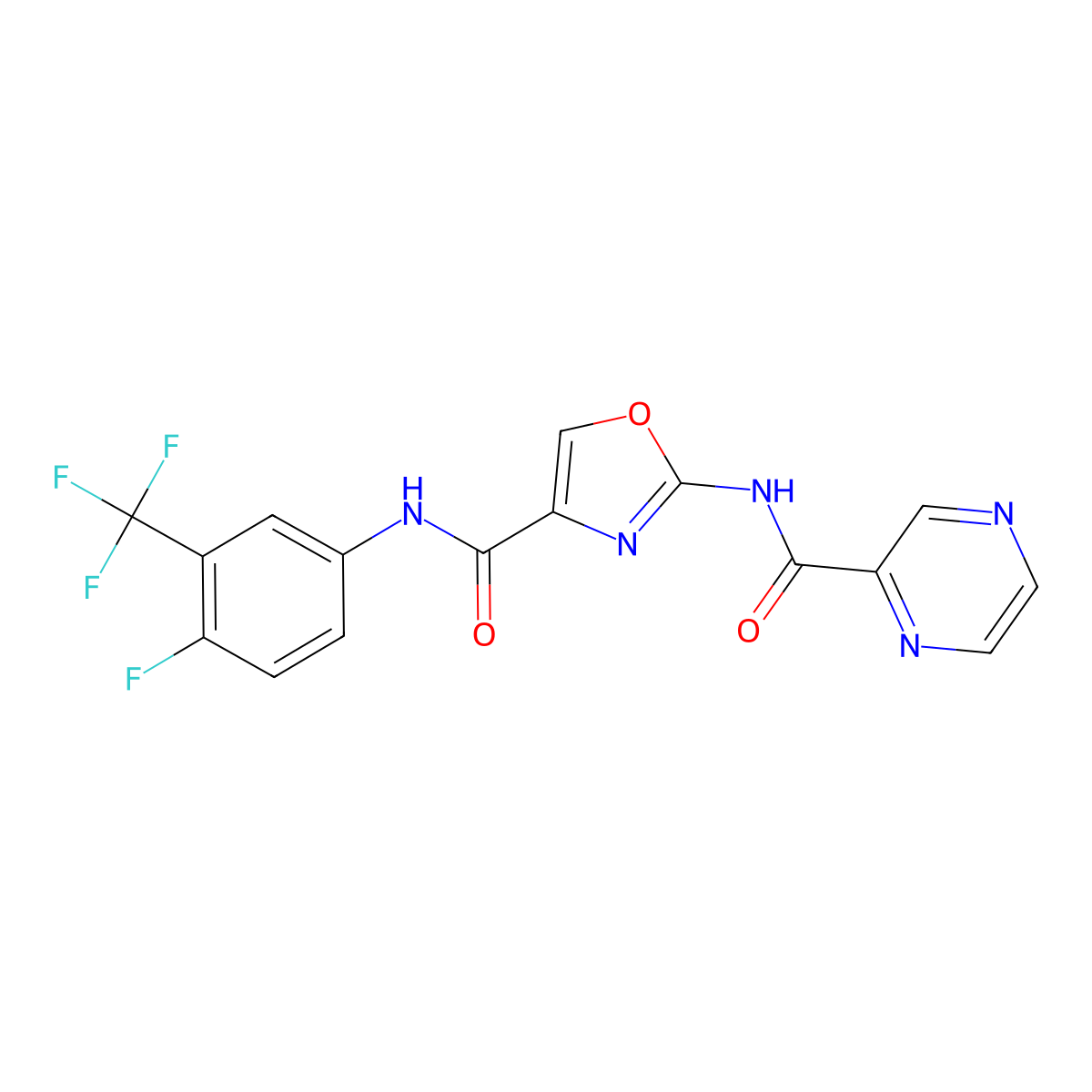 N-(4-fluoro-3-(trifluoromethyl)phenyl)-2-(pyrazine-2-carboxamido)oxazole-4-carboxamide molecular structure, CAS 1396683-07-0