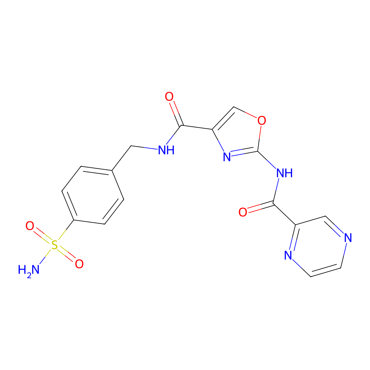 2-(pyrazine-2-carboxamido)-N-(4-sulfamoylbenzyl)oxazole-4-carboxamide molecular structure, CAS 1396683-14-9