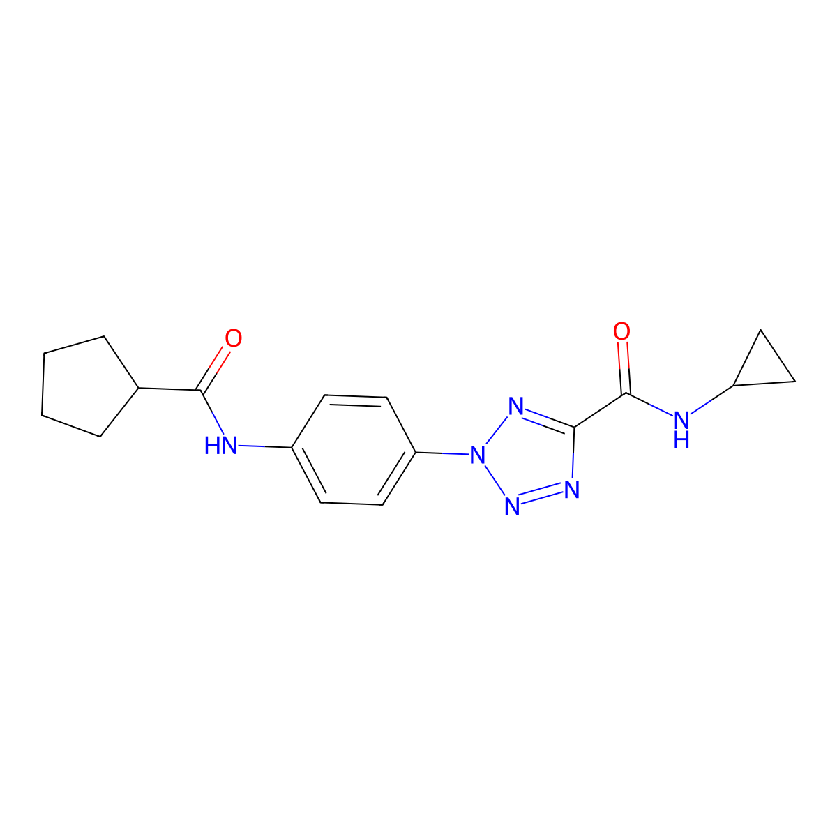 2-(4-(cyclopentanecarboxamido)phenyl)-N-cyclopropyl-2H-tetrazole-5-carboxamide molecular structure, CAS 1396683-16-1
